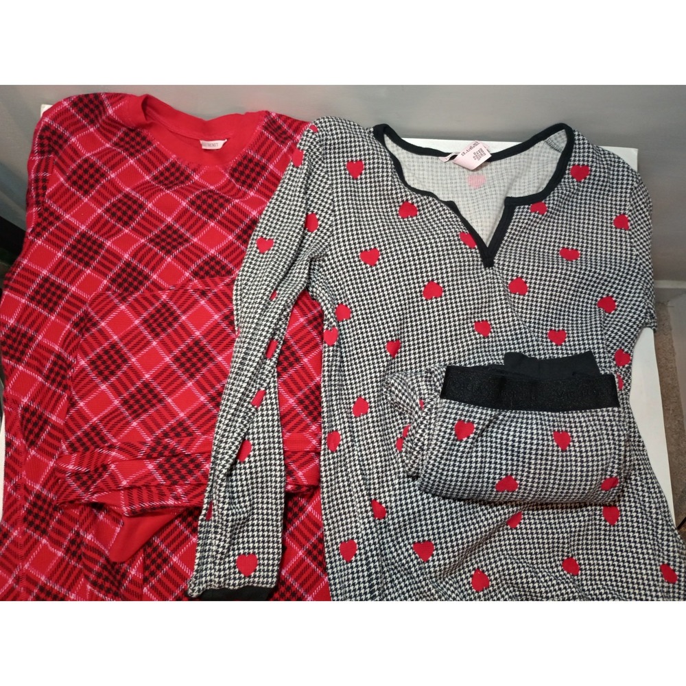Lot 2 Victoria Secret Pajama Sets M Medium Thermal Plaid Houndstooth Hearts PJs